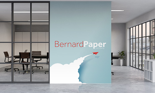 Wall graphic on the wall of a corporate office. It is advertising for Bernard Paper.